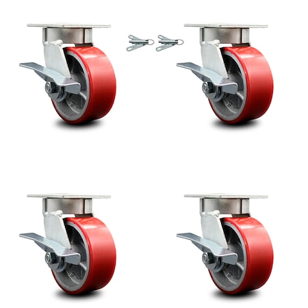 Service Caster 5 Inch Kingpinless Red Poly on Steel Wheel Caster Brakes 2 Swivel Locks, 4PK SCC-KP30S520-PUR-RS-SLB-BSL-2-SLB-2
